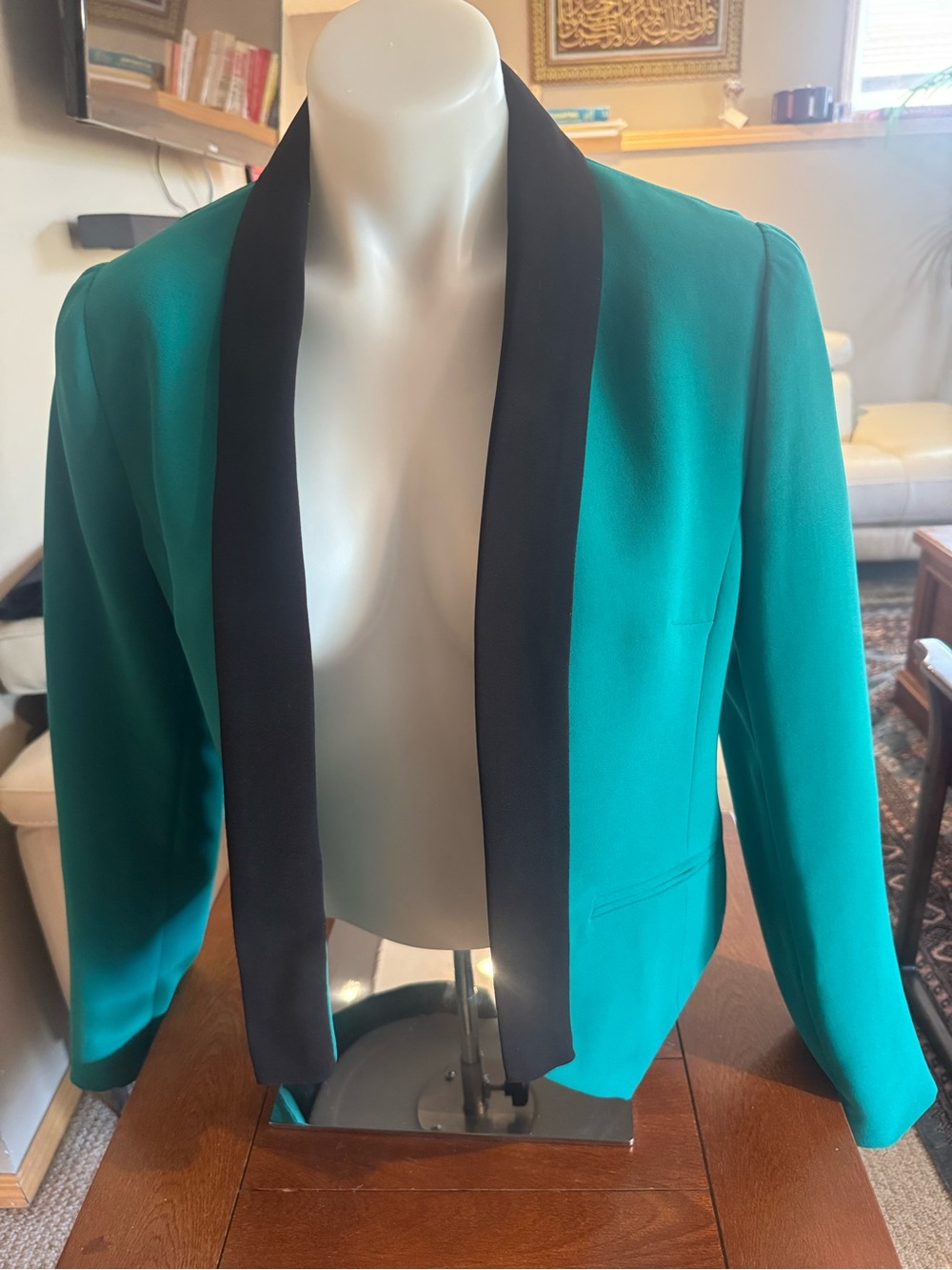 INC International Concepts Teal Open-Front Blazer with Black Shawl Collar